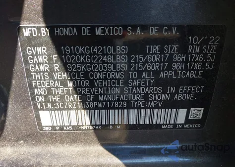 2023 Honda Hr-V 2Wd Lx из США, поврежденный, VIN 3CZRZ1H38PM717829